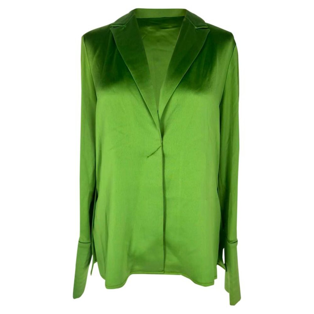 Galvan London V-Neck Cuffed-Sleeve Blouse in Green Satin